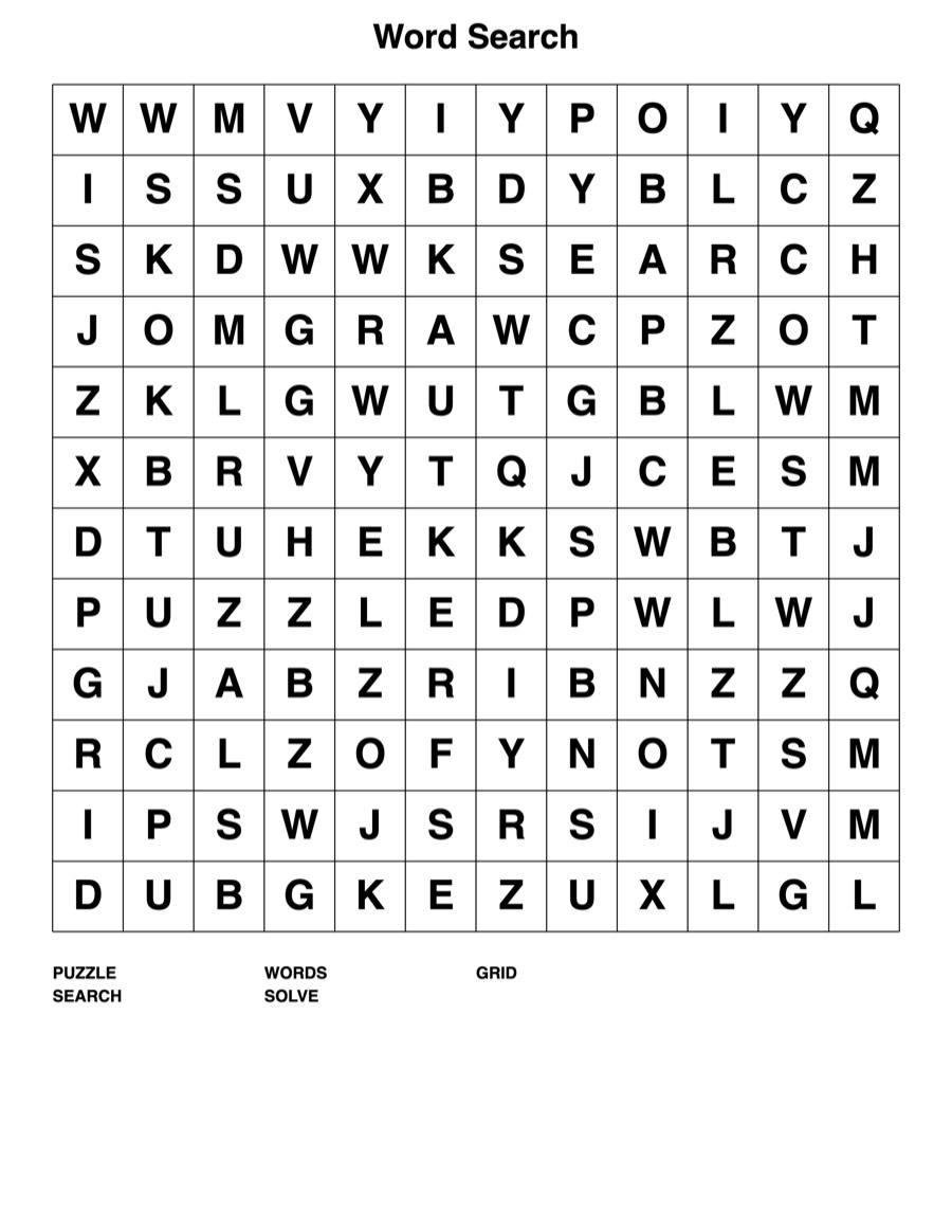 Word search puzzle page, real PuzzleForge output