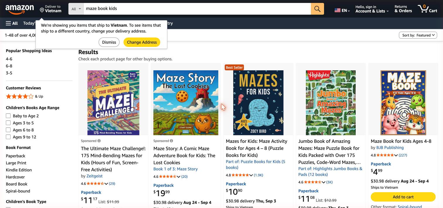 Amazon best-seller maze puzzle book listing