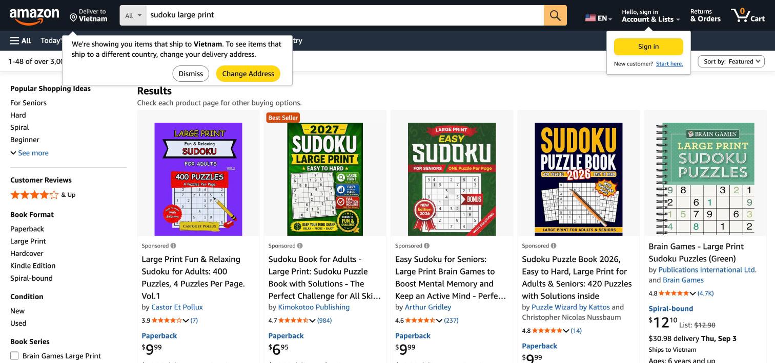 Amazon best-seller sudoku puzzle book listing