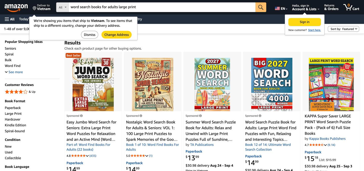 Amazon best-seller word search puzzle book listing